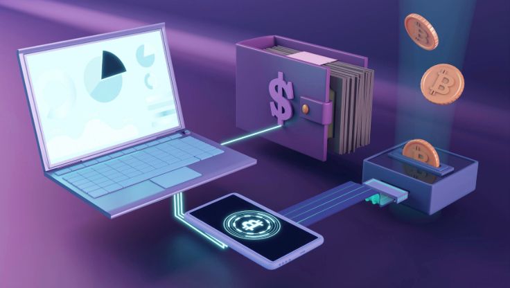 crypto transaction with digital wallet and payment icons