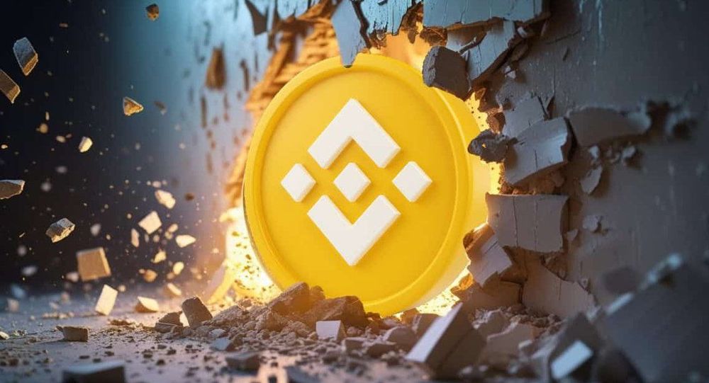 BNB coin logo outbreaks the wall with full power