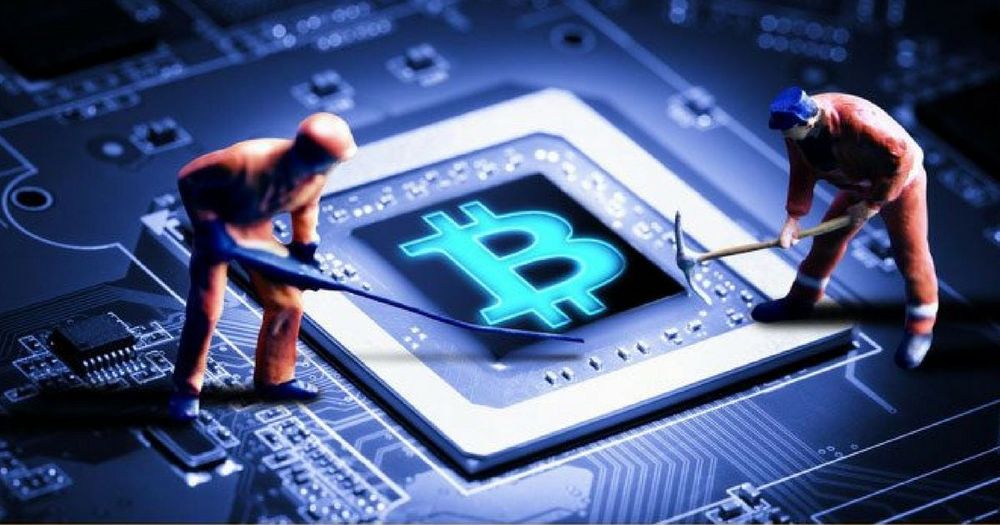 Bitcoin symbol with people using tool to mine in a network background