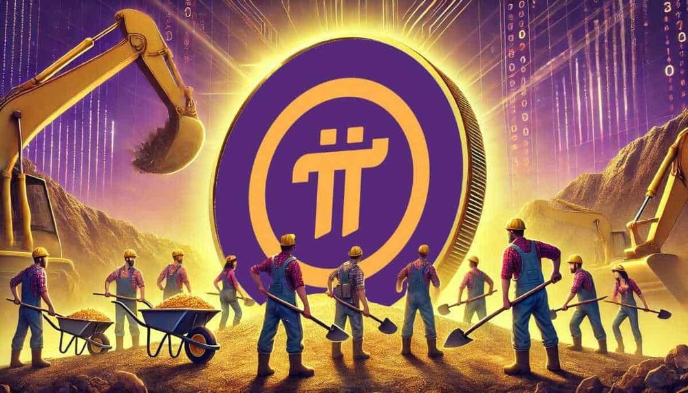 Pi coin with working mining along as a illustration