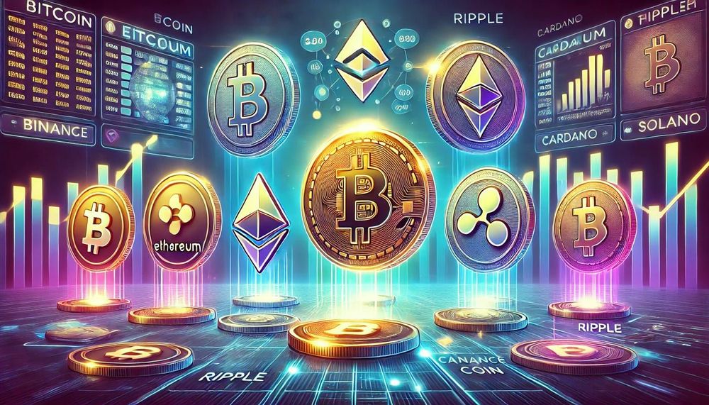 Cryptos in a 3D coin illustration with a background chart