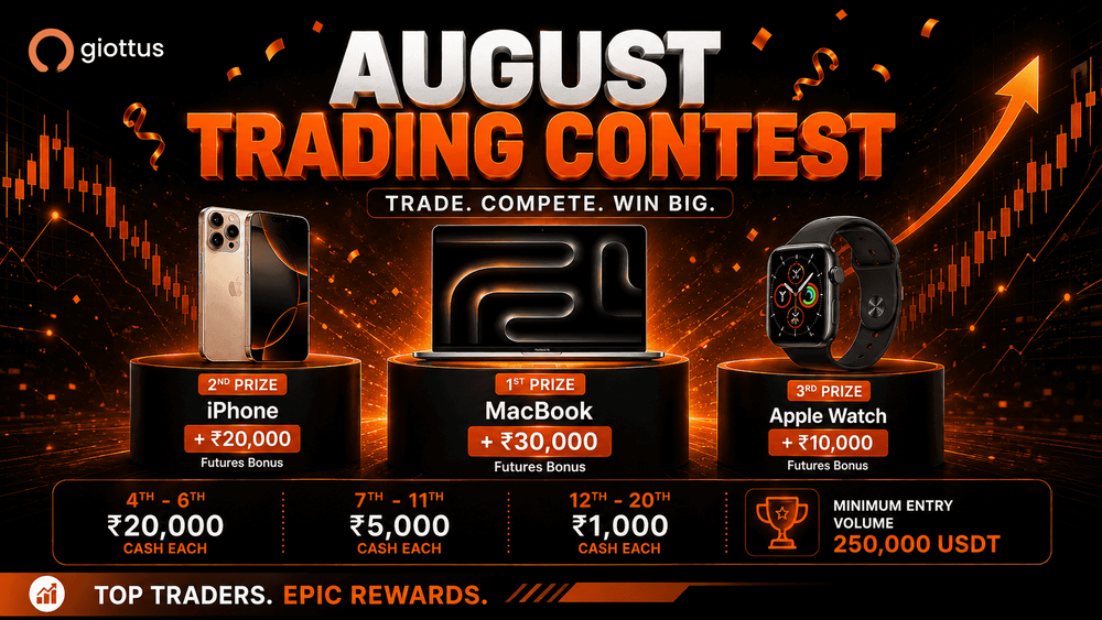 Giottus August Futures Contest banner showcasing a ₹3.34 lakh prize pool with a MacBook, iPhone, Apple Watch and Giottus Futures Bonus rewards.