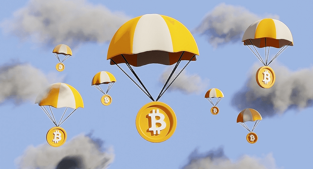 Airdrop image falling from sky with hanging Bitcoin logo