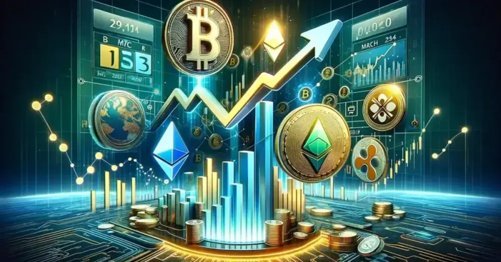 Crypto coins with bar graph showing trading illustration