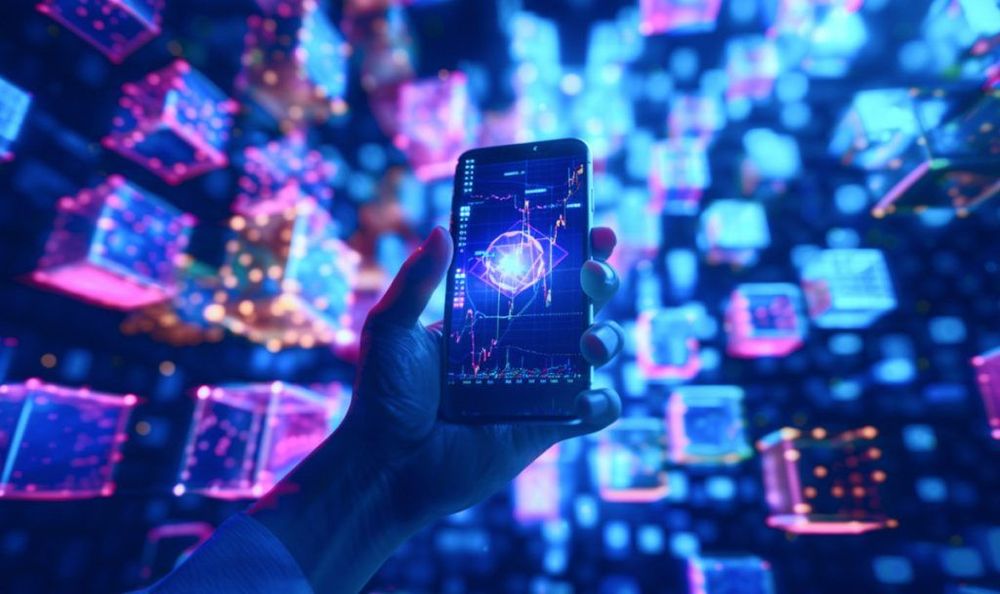 mobile app showing a trading page with blockchian background illustration