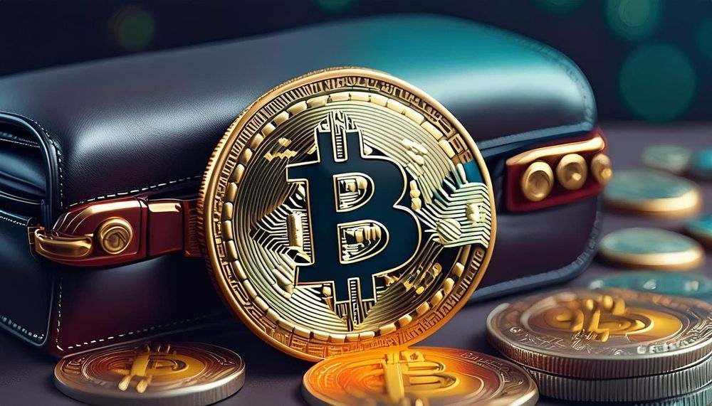 Bitcoin illustration with a wallet at the background
