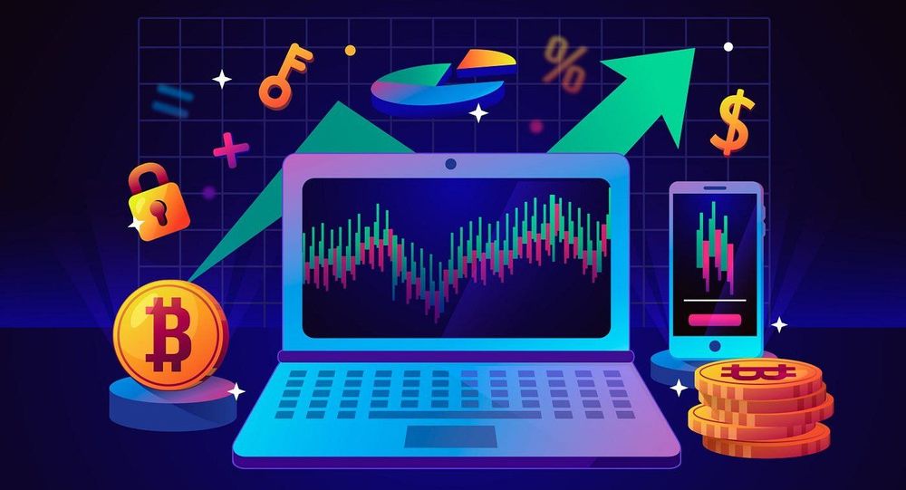 Crypto earnings illustration with bitcoin and graphs chart