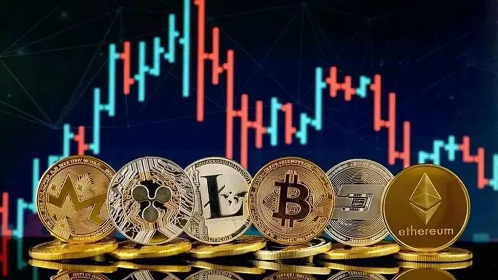 crypto coins alignes illustration