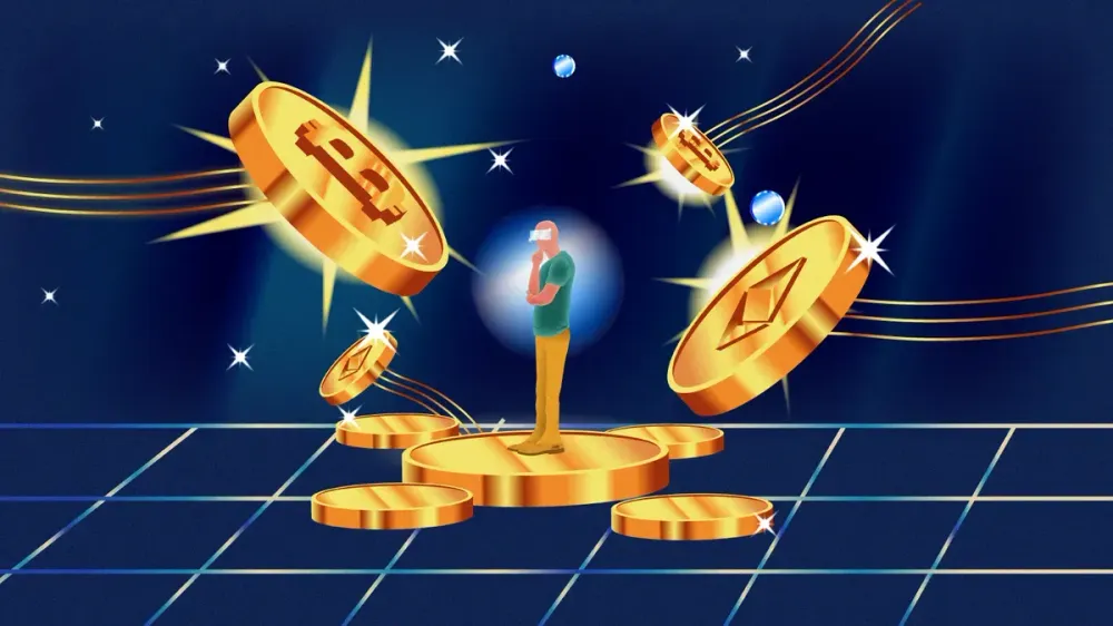 Cryptos floating around and an illustrating man standing at the center