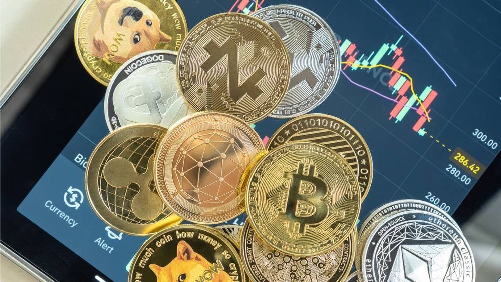 Crypto coins layed on top of the graph illustration