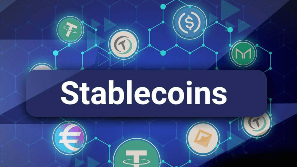 Illustration of coins flying at the background with Stablecoin text