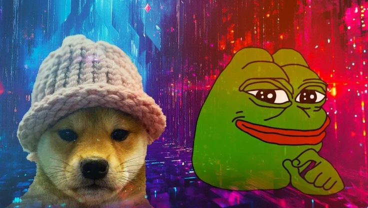 Dog in a hat beside a smiling Pepe meme